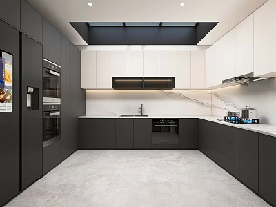 Modern Kitchen Interior Design With Gray And White Cabinets Marble Countertops Oven And Refrigerator 3d model