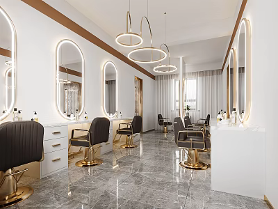 Modern Hair Salon Interior With Stylish Chairs Oval Mirrors And Pendant Lighting 3d model