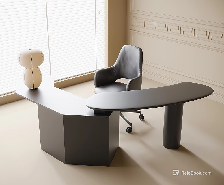 Modern L shaped Black Desk With Gray Office Chair Near Window Blinds And Decorative Wall 3d model 