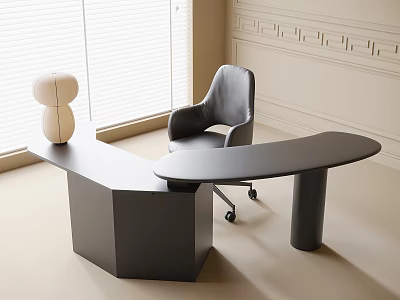Modern L shaped Black Desk With Gray Office Chair Near Window Blinds And Decorative Wall 3d model