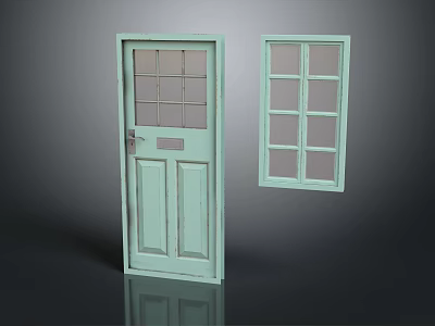 Light Green Swing Door Design With Glass Panes And Door Handle For Home Interior 3d model