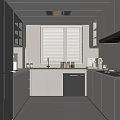 Modern White And Light Gray Kitchen Interior With Black Refrigerator Cabinets Sink And Window Blinds