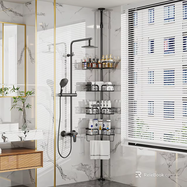Modern Bathroom Shower Area With Organized Cleaning Supplies On Glass Shelves Marble Wall And Blinds 3d model 