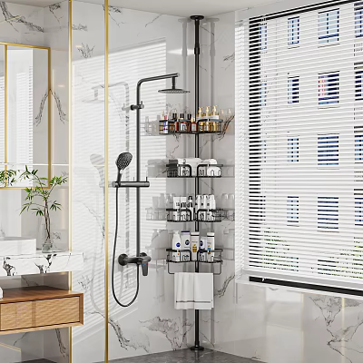 Modern Bathroom Shower Area With Organized Cleaning Supplies On Glass Shelves Marble Wall And Blinds 3d model