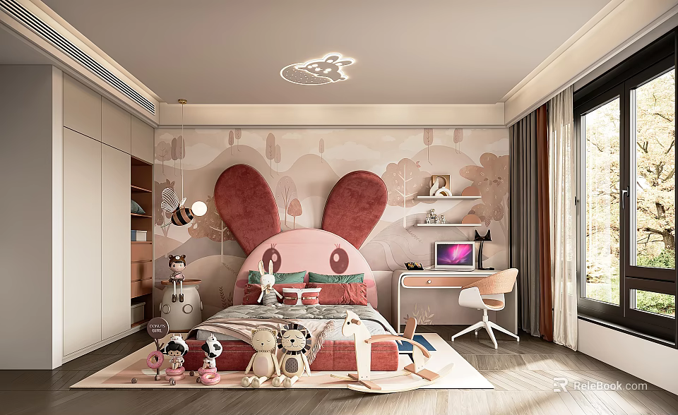 Cozy Kids Bedroom With Big Pink Rabbit Headboard Toys And Desk 3d model 