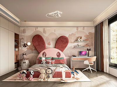 Cozy Kids Bedroom With Big Pink Rabbit Headboard Toys And Desk 3d model