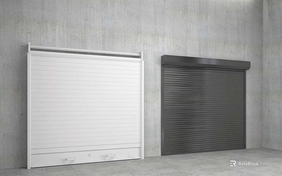 Industrial Style White and Black Roller Doors Against Gray Concrete Wall 3d model 