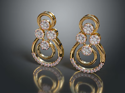 Elegant Golden Earrings With Circular Design White Pearls And Small Beads 3d model