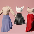 Model wearing long-sleeve and sleeveless tops with pleated and ruffled skirts in various colors