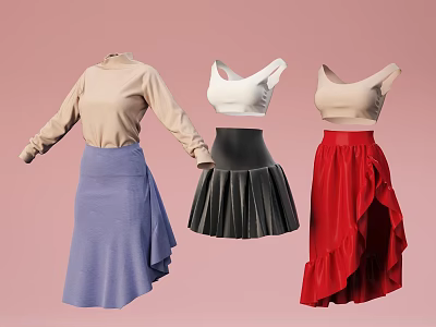 Model wearing long-sleeve and sleeveless tops with pleated and ruffled skirts in various colors 3d model