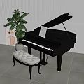 Musical Instruments And Art Supplies With Black Grand Piano Padded Stool Green Plant And Artwork Interior
