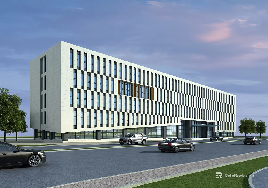 Modern Office Building Exterior Featuring Regular Window Design Road Cars Green Trees And Scenic Sky 3d model 