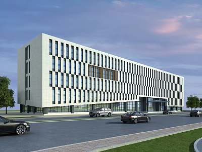 Modern Office Building Exterior Featuring Regular Window Design Road Cars Green Trees And Scenic Sky 3d model