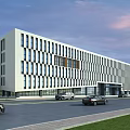 Modern Office Building Exterior Featuring Regular Window Design Road Cars Green Trees And Scenic Sky