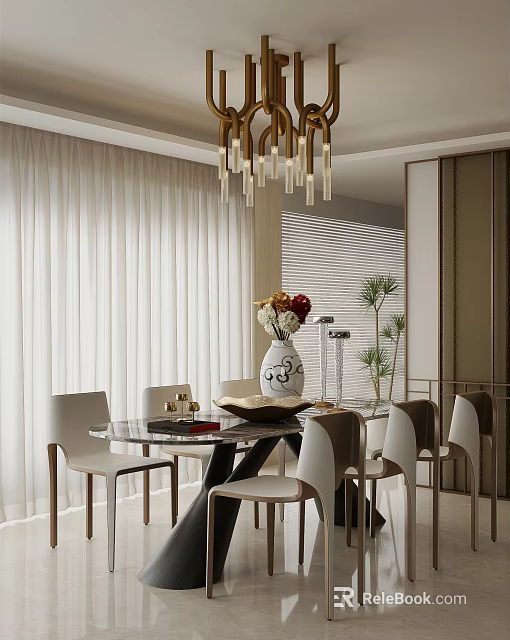 Elegant Modern Dining Room Interior With Glass Top Table Vase Flowers White Chairs And Chandelier 3d model 