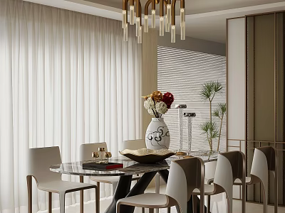 Elegant Modern Dining Room Interior With Glass Top Table Vase Flowers White Chairs And Chandelier 3d model