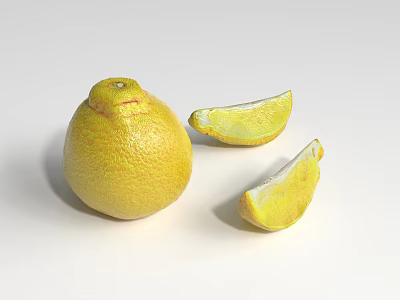 Fresh Whole Lemon With Two Slices Arranged On White Background Surface 3d model
