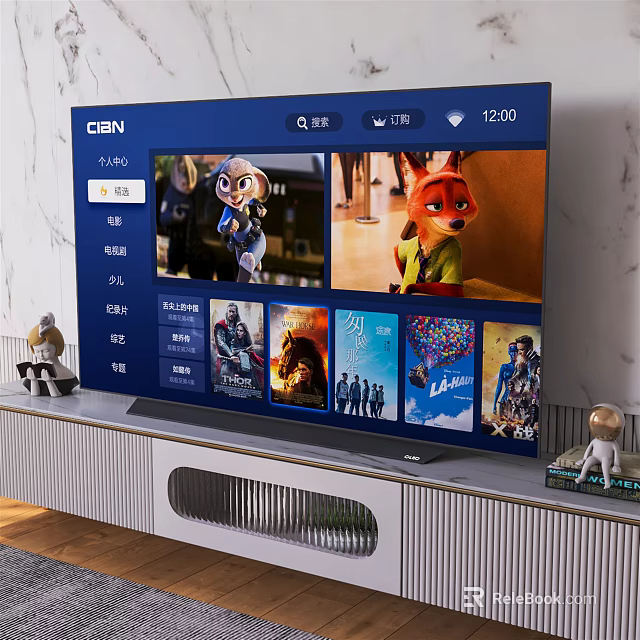 Sleek Modern TV Stand Holding Flat Screen TV With Movie Posters And Decorative Items 3d model 
