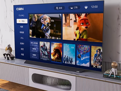 Sleek Modern TV Stand Holding Flat Screen TV With Movie Posters And Decorative Items 3d model