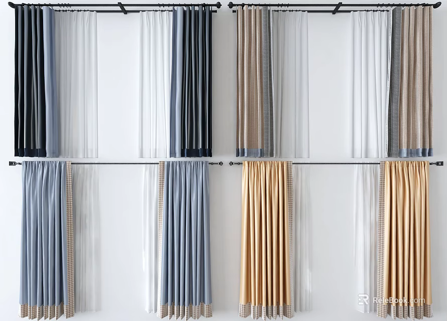 Different Colored Curtains With Sheer Layers And Decorative Trim For Home Windows 3d model 