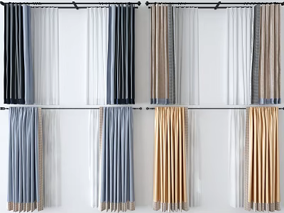 Different Colored Curtains With Sheer Layers And Decorative Trim For Home Windows 3d model