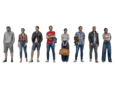 Group of Diverse People Standing in Line with Various Casual Outfits and Poses 3d model