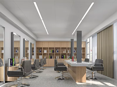 Modern Hair Salon Interior Design With Styling Chairs Mirrors Wooden Cabinets And Bright Lighting 3d model