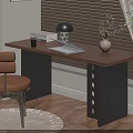 Wooden Desk With Brown Chair Table Lamp Notebook And Window Curtain