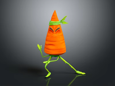 Cartoon Carrot Character With Green Limbs And Headband In Martial Arts Pose 3d model