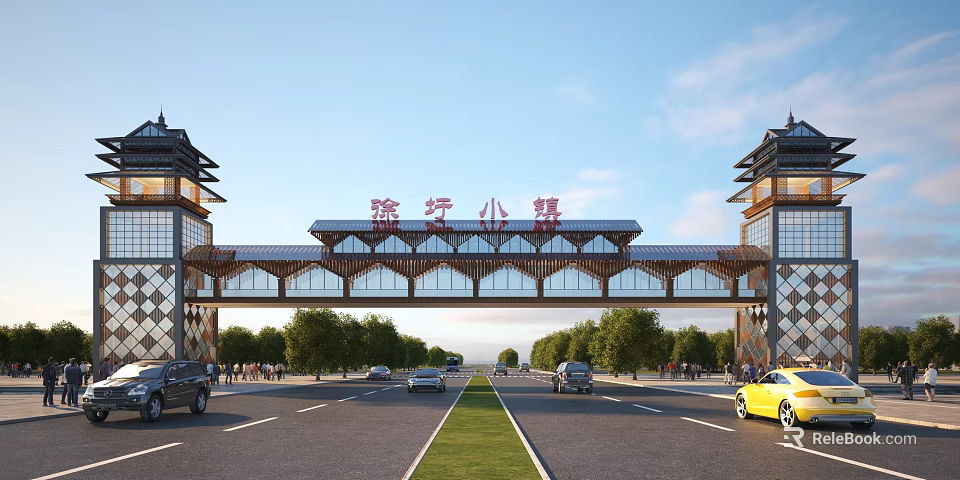 Traditional Chinese Entrance Gate of Yuxing Town With Tower Structures Red Characters And Road Below 3d model 