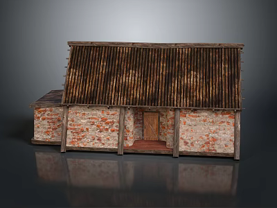 Traditional Small House Model With Rustic Corrugated Roof Brick Stone Walls And Wooden Door 3d model