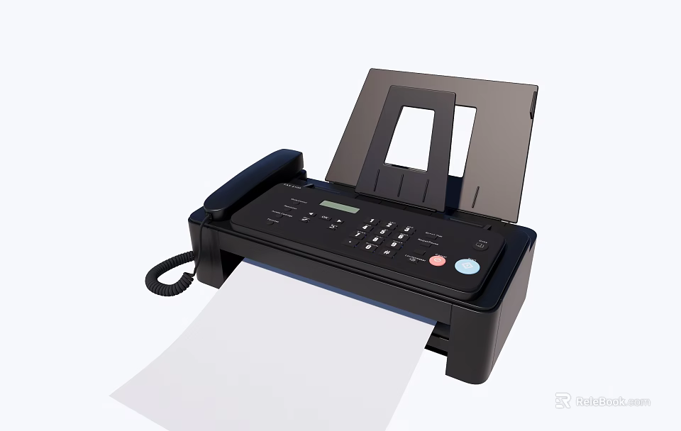Black Office Fax Machine with Phone Handset Control Panel and Paper Output 3d model 
