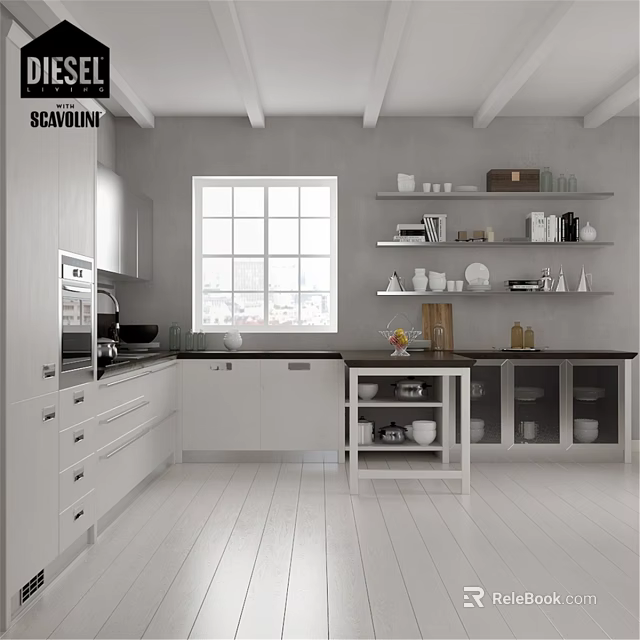 Scandinavian Open Kitchen Interior With White Cabinets Island And Window Shelves 3d model 