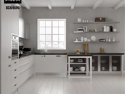 Scandinavian Open Kitchen Interior With White Cabinets Island And Window Shelves 3d model
