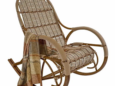 Comfortable Wicker Rocking Chair With Armrest And Plaid Blanket For Relaxation 3d model