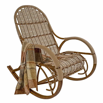 Comfortable Wicker Rocking Chair With Armrest And Plaid Blanket For Relaxation 3d model