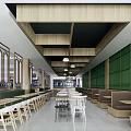 Spacious Dining Hall Interior With Wooden Pillars Grid Ceiling Tables Chairs And Bright Lighting 3d model