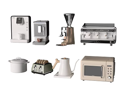 Modern Kitchen Appliances Collection Featuring Coffee Maker Toaster Microwave And Kettle 3d model