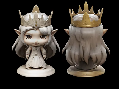Cartoon Style Elf Sculpture With Golden Crown Long Gray Hair And White Base 3d model