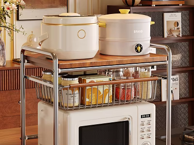 Metal Frame Wooden Top Storage Shelf with White Pots Microwave Wire Basket Jars Spices in Kitchen 3d model
