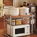 Metal Frame Wooden Top Storage Shelf with White Pots Microwave Wire Basket Jars Spices in Kitchen