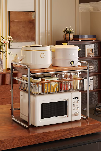 Metal Frame Wooden Top Storage Shelf with White Pots Microwave Wire Basket Jars Spices in Kitchen 3d model