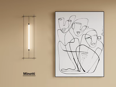 Abstract Painting Line Art With Human Figures And Minimalist Wall Lamp By Minotti 3d model