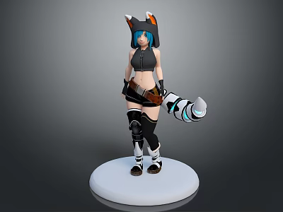Game Movie Character 3D Model With Blue Hair Cat Ear Hat Black Outfit Striped Tail 3d model