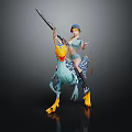 Young Girl Riding Blue Mythical Bird With Yellow Beak Claws And Spear