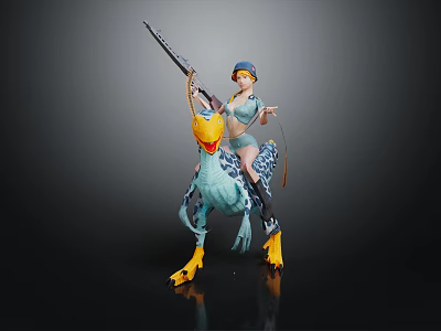 Young Girl Riding Blue Mythical Bird With Yellow Beak Claws And Spear 3d model