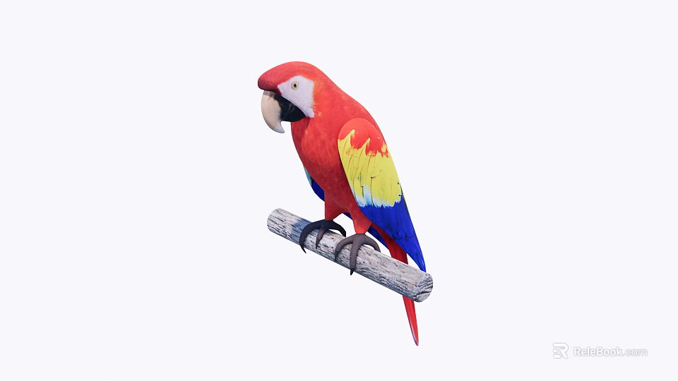 Vibrant Red Parrot With Yellow And Blue Feathers Perched On A Wooden Branch 3d model 