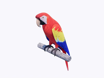 Vibrant Red Parrot With Yellow And Blue Feathers Perched On A Wooden Branch 3d model
