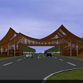 Modern Arched Entrance Gate With Wooden Structure And Evening Illumination Over Road