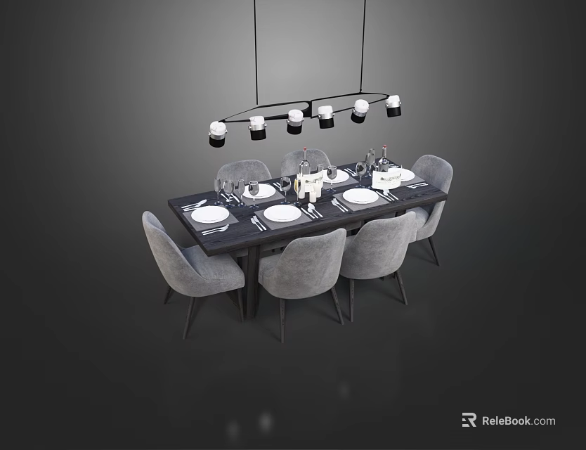 Modern Dining Table Set With Gray Chairs Hanging Pendant Lights And Tableware 3d model